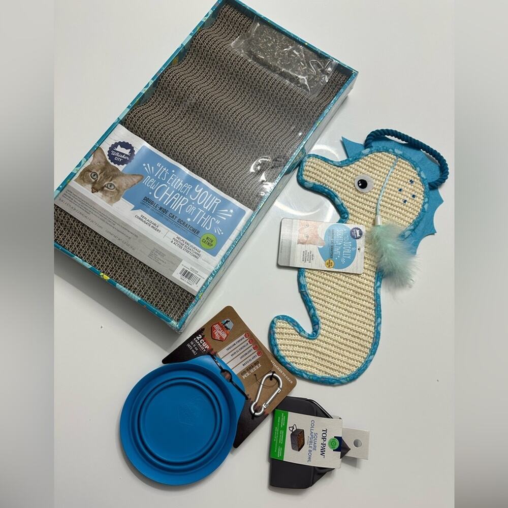 Whisker City Cat Scratcher Bundle Double Wide Seahorse & Collapsible Bowls Blue